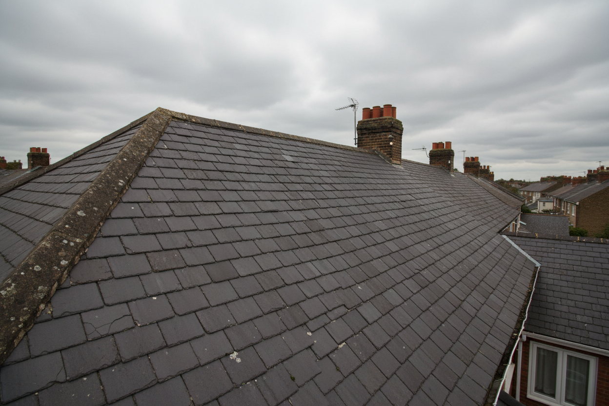 Drone roof survey photo showing slate tiles and chimneys on a Cardiff terraced house