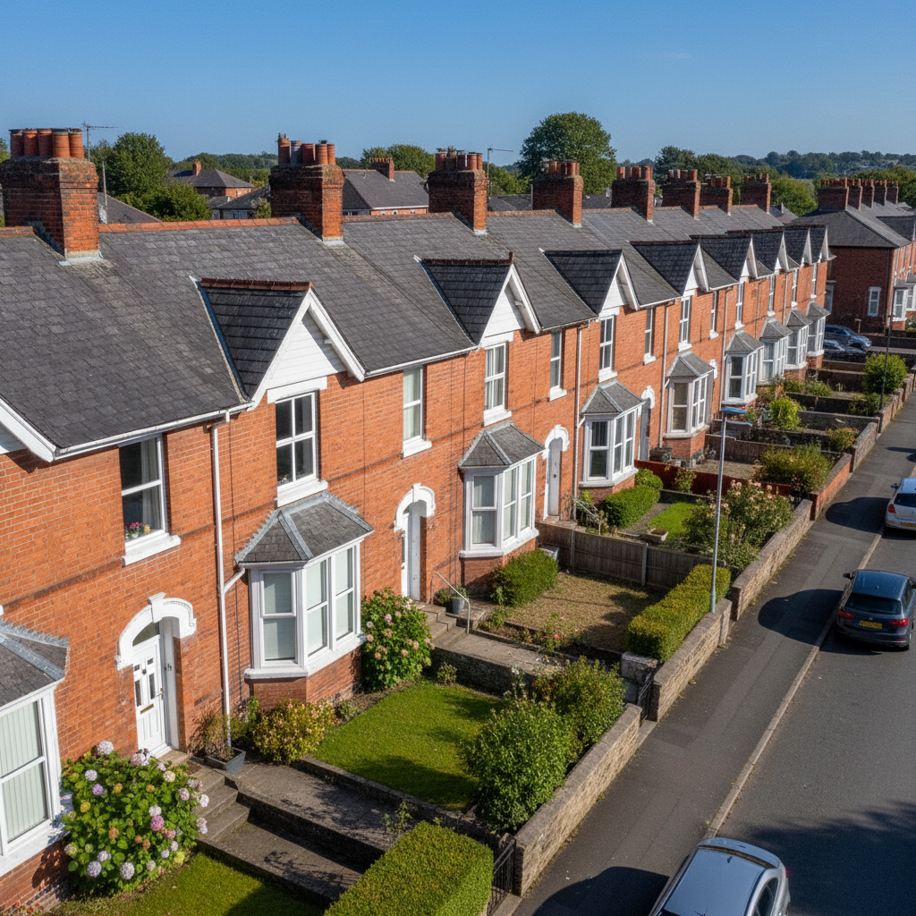 Drone aerial image showing a row of traditional terraced houses and rooftops in Cardiff