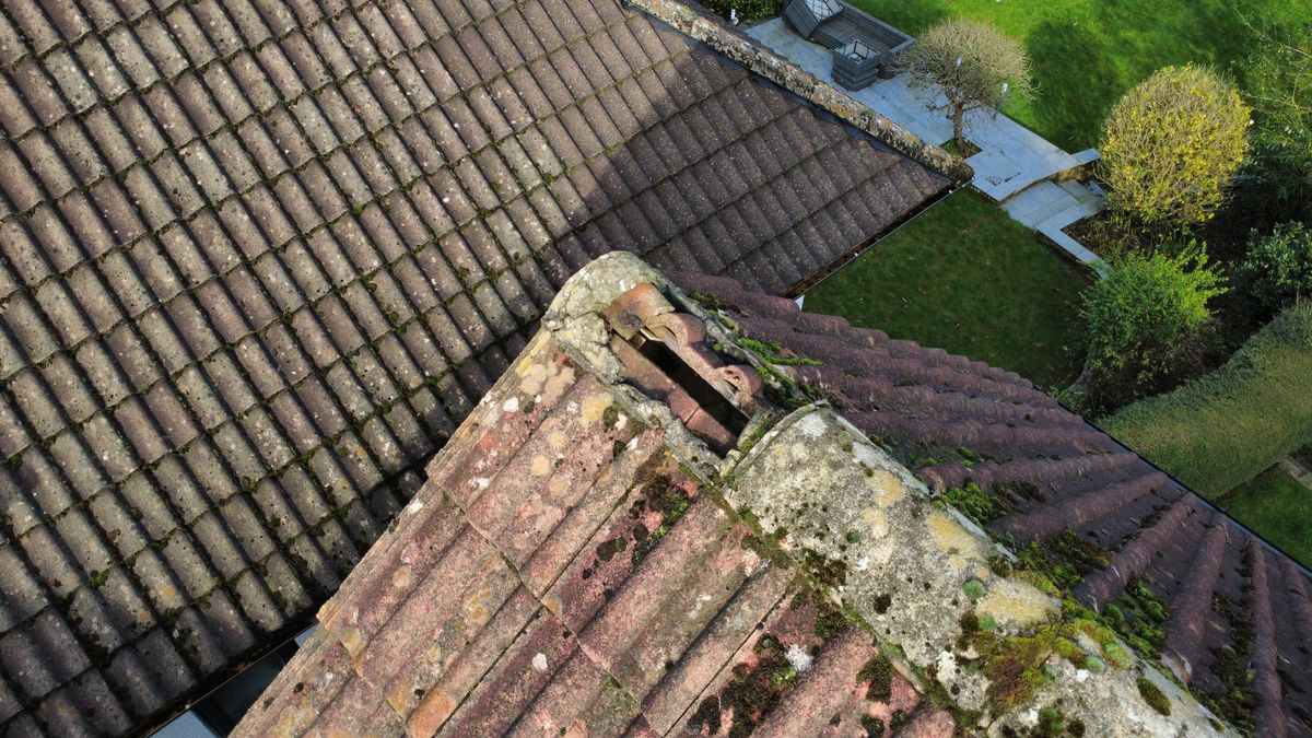Close-up drone photo of a red pantile roof ridge