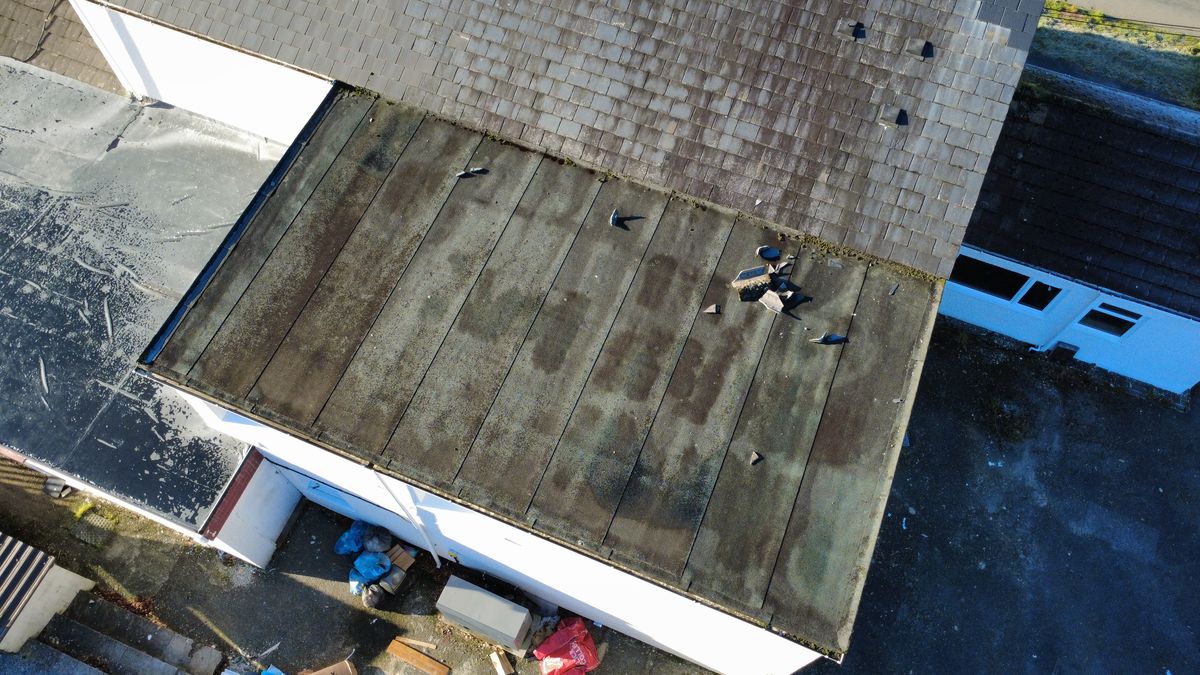 Aerial photo of a flat roof on a single-storey extension